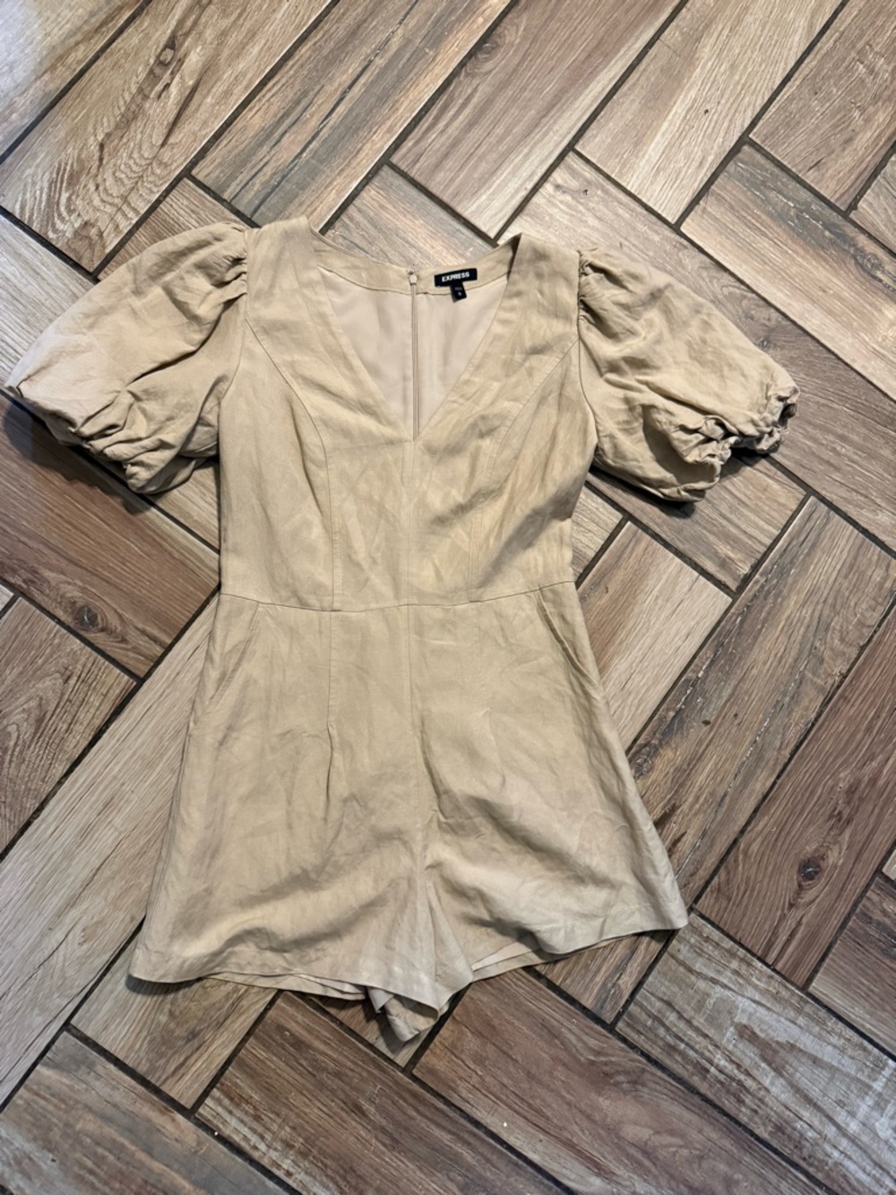 Express Linen-Texture V-Neck Romper in Beige